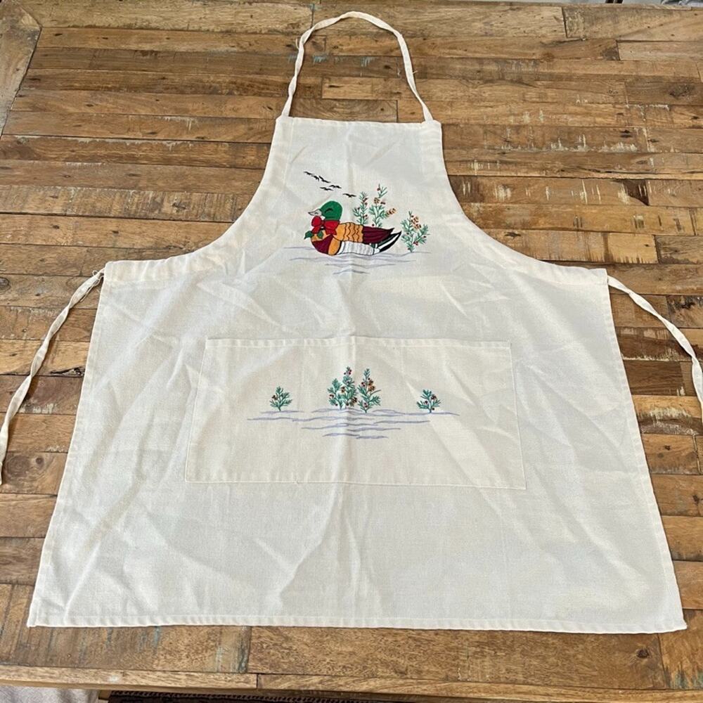 Beige Kitchen Apron Mallard Duck w/ Bow Hand Embroidery Pocket Tie Back